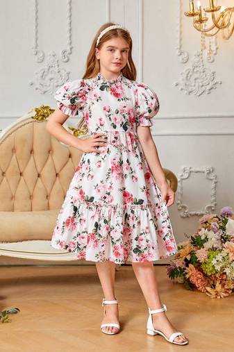 Snow color printed cotton blend fit&flared style dresses