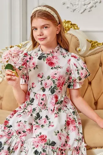 Snow color printed cotton blend fit&flared style dresses