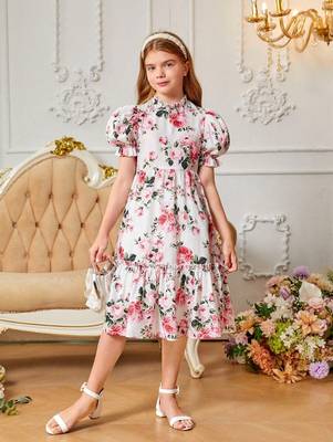 Snow color printed cotton blend fit&flared style dresses 3