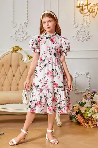 Snow color printed cotton blend fit&flared style dresses