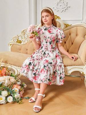Snow color printed cotton blend fit&flared style dresses 4