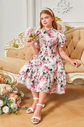 Snow color printed cotton blend fit&flared style dresses