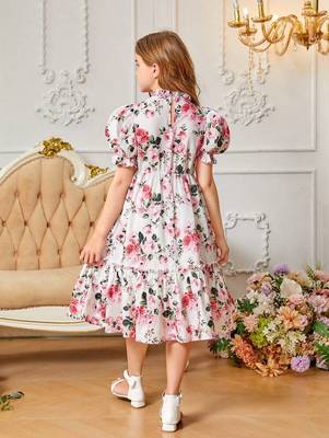 Snow color printed cotton blend fit&flared style dresses 5