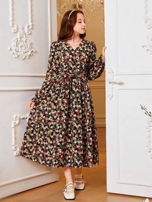 Black color printed cotton blend fit&flared style dresses 1