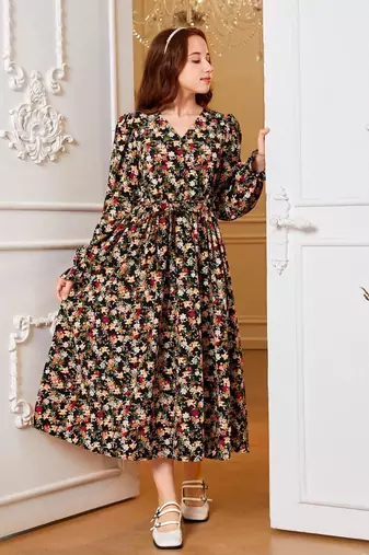 Black color printed cotton blend fit&flared style dresses