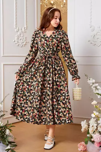 Black color printed cotton blend fit&flared style dresses