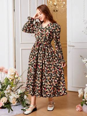 Black color printed cotton blend fit&flared style dresses 4