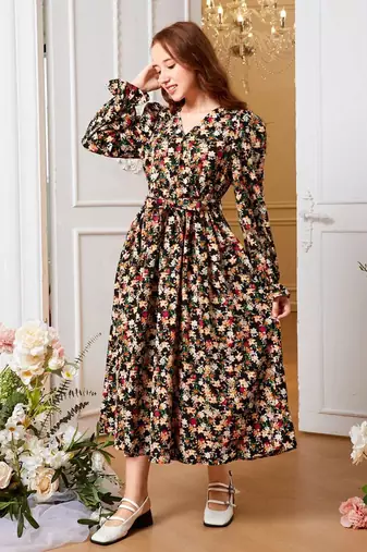 Black color printed cotton blend fit&flared style dresses