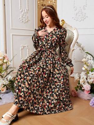Black color printed cotton blend fit&flared style dresses 5