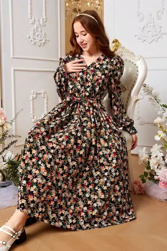 Black color printed cotton blend fit&flared style dresses