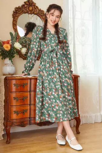 Green color printed cotton blend fit&flared style dresses