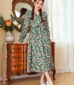 Green color printed cotton blend fit&flared style dresses
