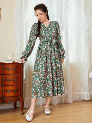 Green color printed cotton blend fit&flared style dresses 2