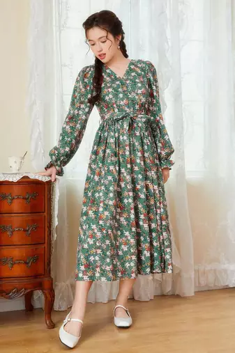 Green color printed cotton blend fit&flared style dresses
