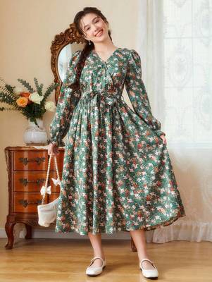 Green color printed cotton blend fit&flared style dresses 3