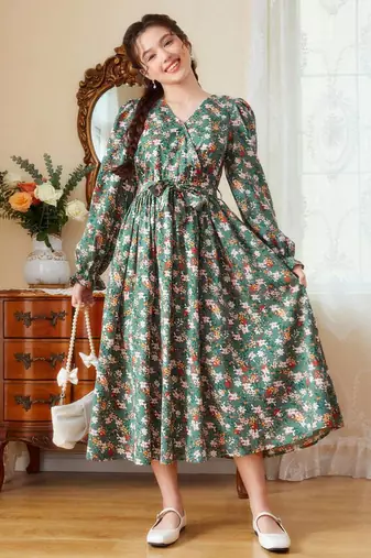 Green color printed cotton blend fit&flared style dresses