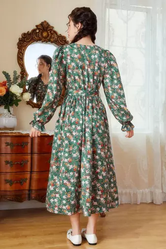 Green color printed cotton blend fit&flared style dresses