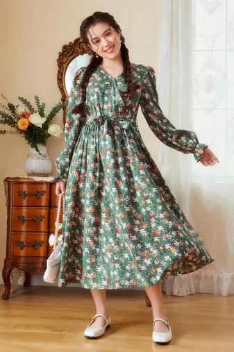 Green color printed cotton blend fit&flared style dresses
