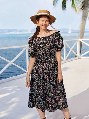 Black color printed cotton blend fit&flared style dresses 1