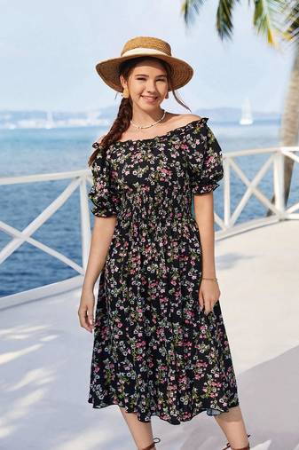 Black color printed cotton blend fit&flared style dresses