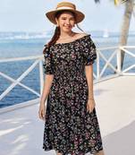 Black color printed cotton blend fit&flared style dresses