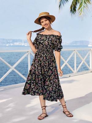 Black color printed cotton blend fit&flared style dresses 2