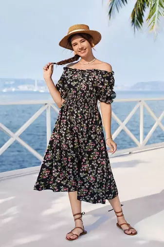 Black color printed cotton blend fit&flared style dresses