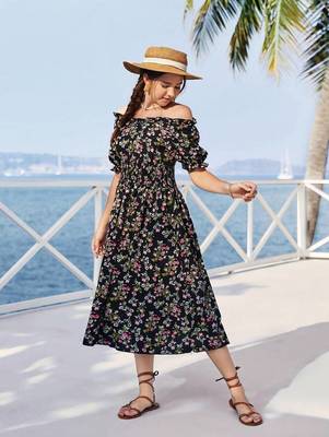 Black color printed cotton blend fit&flared style dresses 3