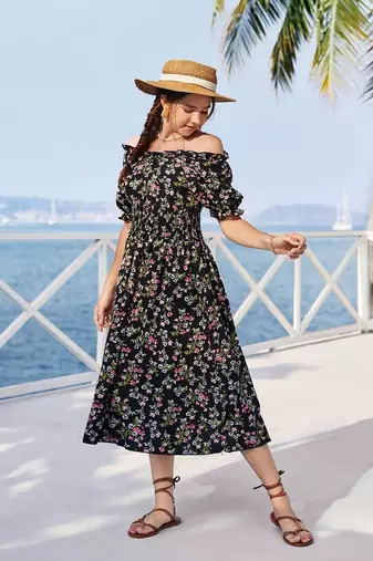 Black color printed cotton blend fit&flared style dresses