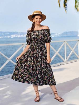 Black color printed cotton blend fit&flared style dresses 4