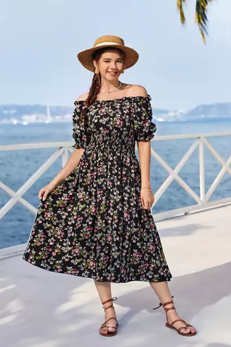 Black color printed cotton blend fit&flared style dresses