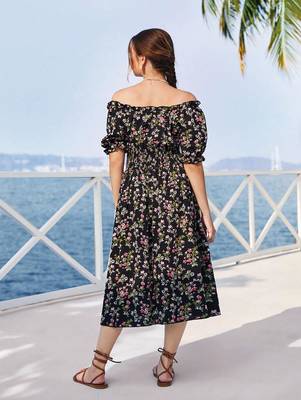 Black color printed cotton blend fit&flared style dresses 5