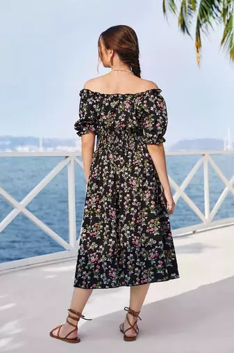 Black color printed cotton blend fit&flared style dresses