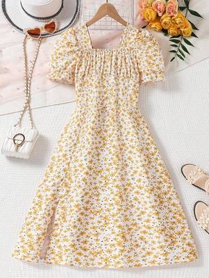 Yellow color printed cotton blend fit&flared style dresses 1