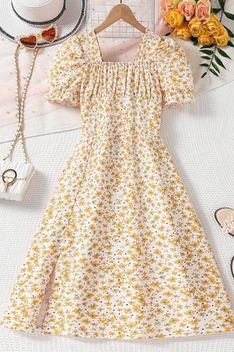 Yellow color printed cotton blend fit&flared style dresses