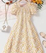 Yellow color printed cotton blend fit&flared style dresses