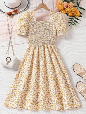Yellow color printed cotton blend fit&flared style dresses 2