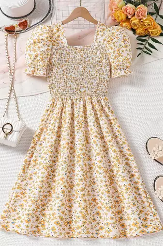 Yellow color printed cotton blend fit&flared style dresses
