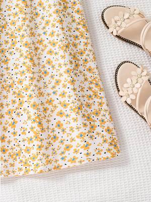 Yellow color printed cotton blend fit&flared style dresses 4