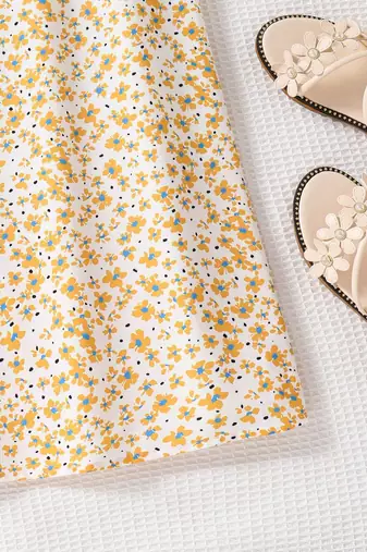 Yellow color printed cotton blend fit&flared style dresses