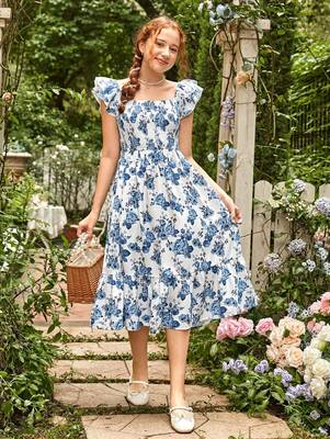 Sky color printed cotton blend fit&flared style dresses 2