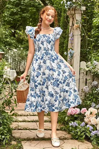 Sky color printed cotton blend fit&flared style dresses