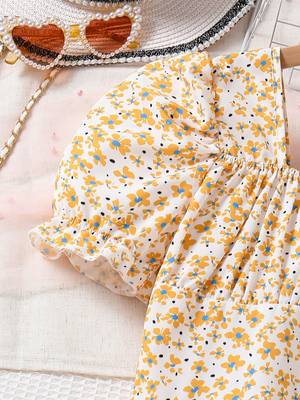 Yellow color printed cotton blend fit&flared style dresses 5