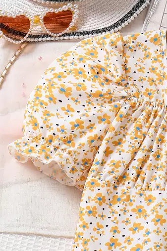 Yellow color printed cotton blend fit&flared style dresses