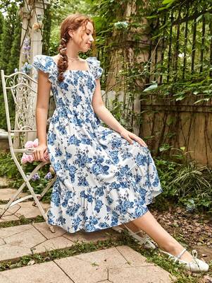 Sky color printed cotton blend fit&flared style dresses 3