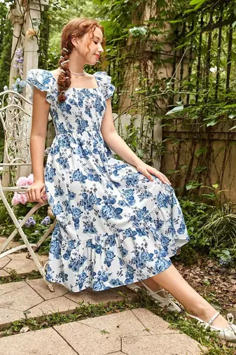 Sky color printed cotton blend fit&flared style dresses