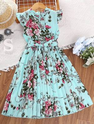 Sky color printed cotton blend fit&flared style dresses 1
