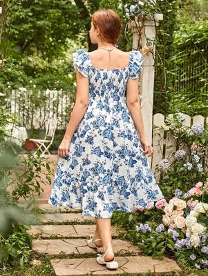 Sky color printed cotton blend fit&flared style dresses 4