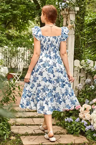 Sky color printed cotton blend fit&flared style dresses