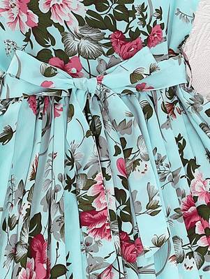 Sky color printed cotton blend fit&flared style dresses 2